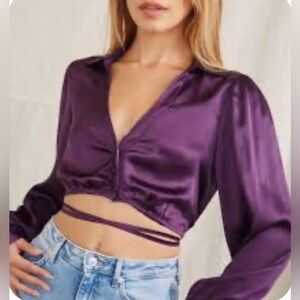 Deep Purple Satin cropped button collar Blouse wrap Womens size small Forever 21